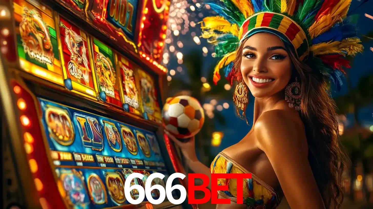 Mulher com um cocar de carnaval ao lado de uma máquina de caça-níqueis enquanto segura uma bola de futebol, mostrando a união da diversão de cassino e esportes no 666bet.