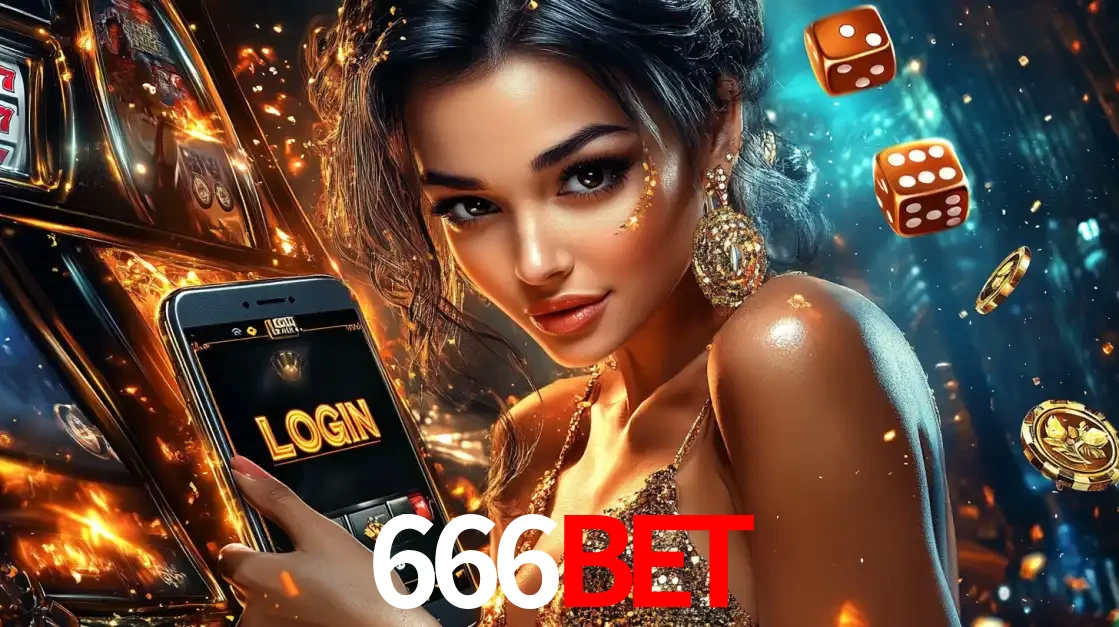 Mulher glamourosa segurando um celular com a tela de login do cassino 666bet, rodeada por dados e moedas douradas, pronta para começar a diversão.