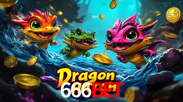 Arte promocional do jogo Dragon Hatch com três adoráveis dragões bebês nadando entre moedas de ouro, um dos slots mais divertidos para jogar no cassino 666bet.