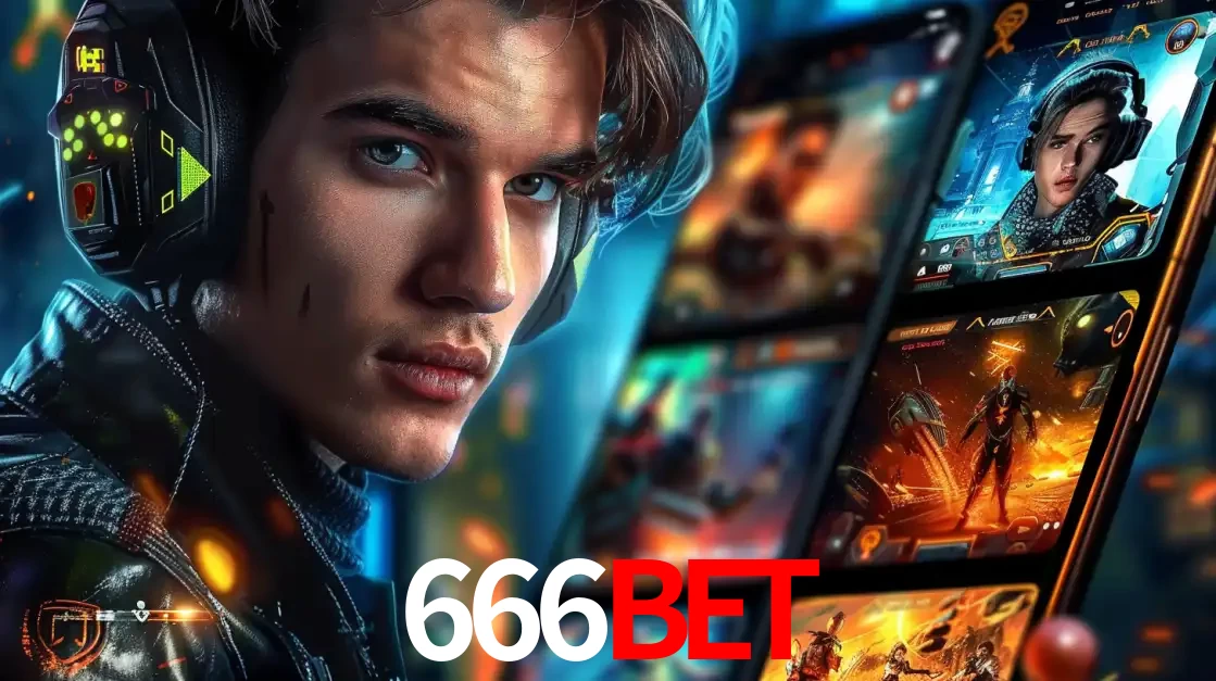 Jovem jogador com fones de ouvido olhando para a câmera, com um aplicativo de jogos e e-sports para celular ao fundo, pronto para a competição e apostas no 666bet.