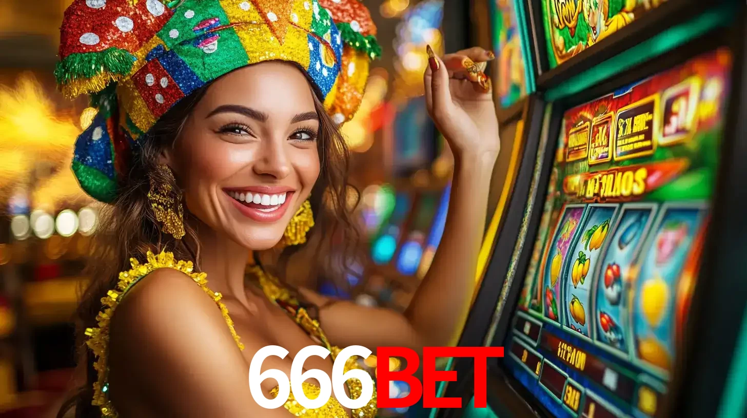 Mulher feliz com traje de carnaval amarelo e colorido ao lado de uma máquina de caça-níqueis, aproveitando a diversão e os jogos temáticos do cassino 666bet.